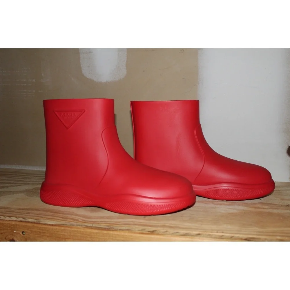 Prada Red Rubber Rain Boots Ankle Logo Monolithic Chunky Sole Mens Size 44‎